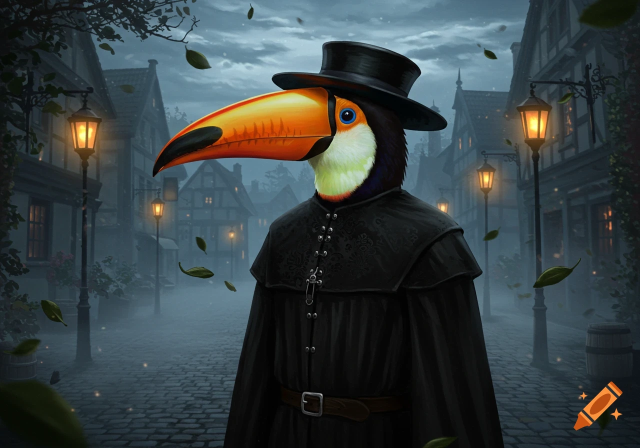 A toucan wearing a black plague doctor's hat and cloak stands on a cobblestone street in a foggy, gaslit medieval town.