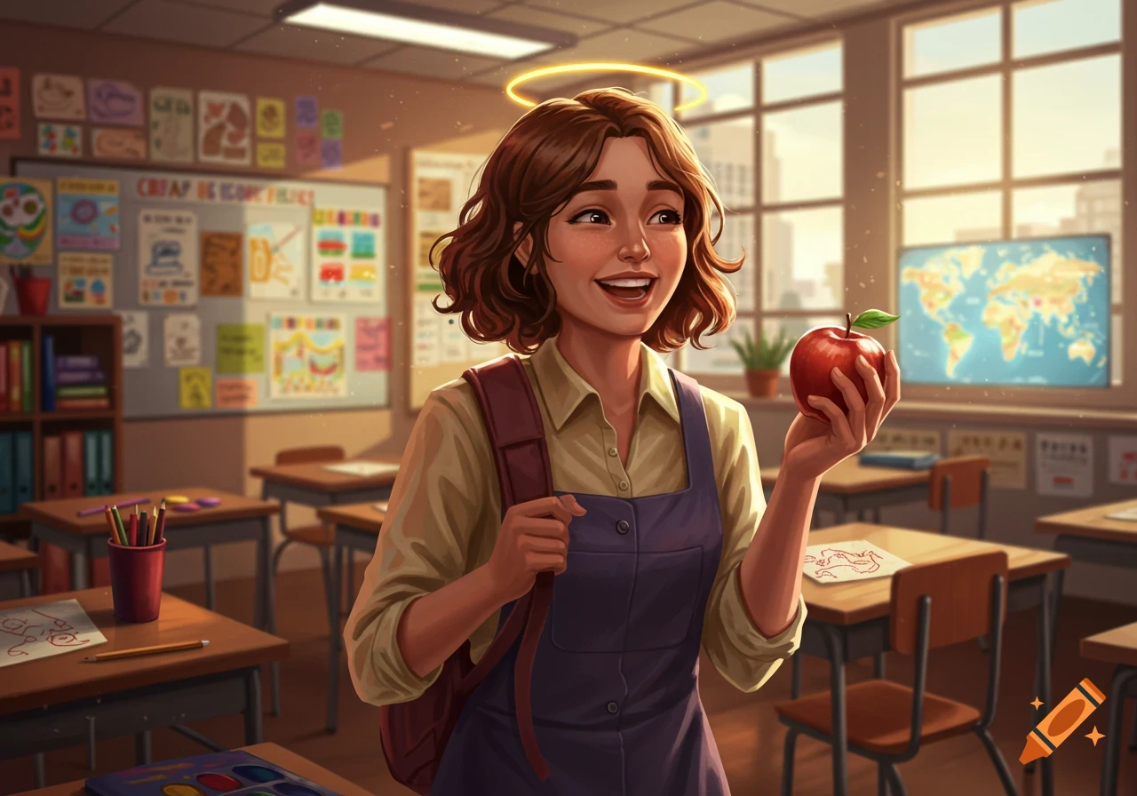 A happy female teacher with a glowing halo stands in a classroom holding a red apple. Sunlight streams through windows.