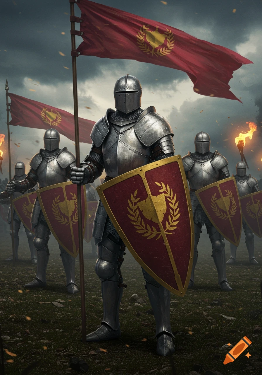 A group of armored knights with shields and red flags featuring golden emblems stand on a grassy battlefield under a stormy sky, in a digital art style.