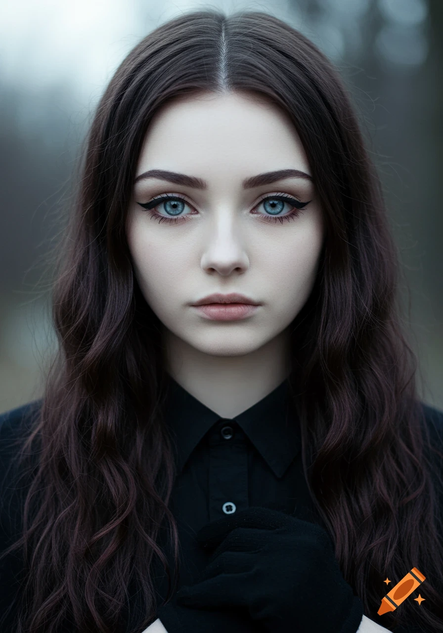 Close-up photorealistic portrait of a young woman with pale skin, blue eyes, dark hair, wearing a black collared shirt and gloves.