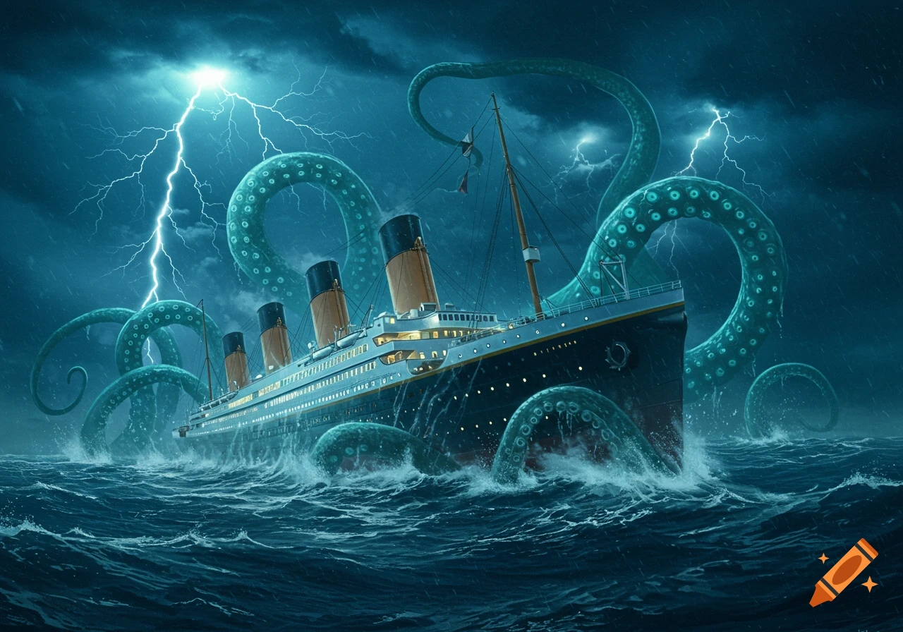 A giant kraken attacks the RMS Titanic during a lightning storm at sea, in a realistic, surreal fantasy style.