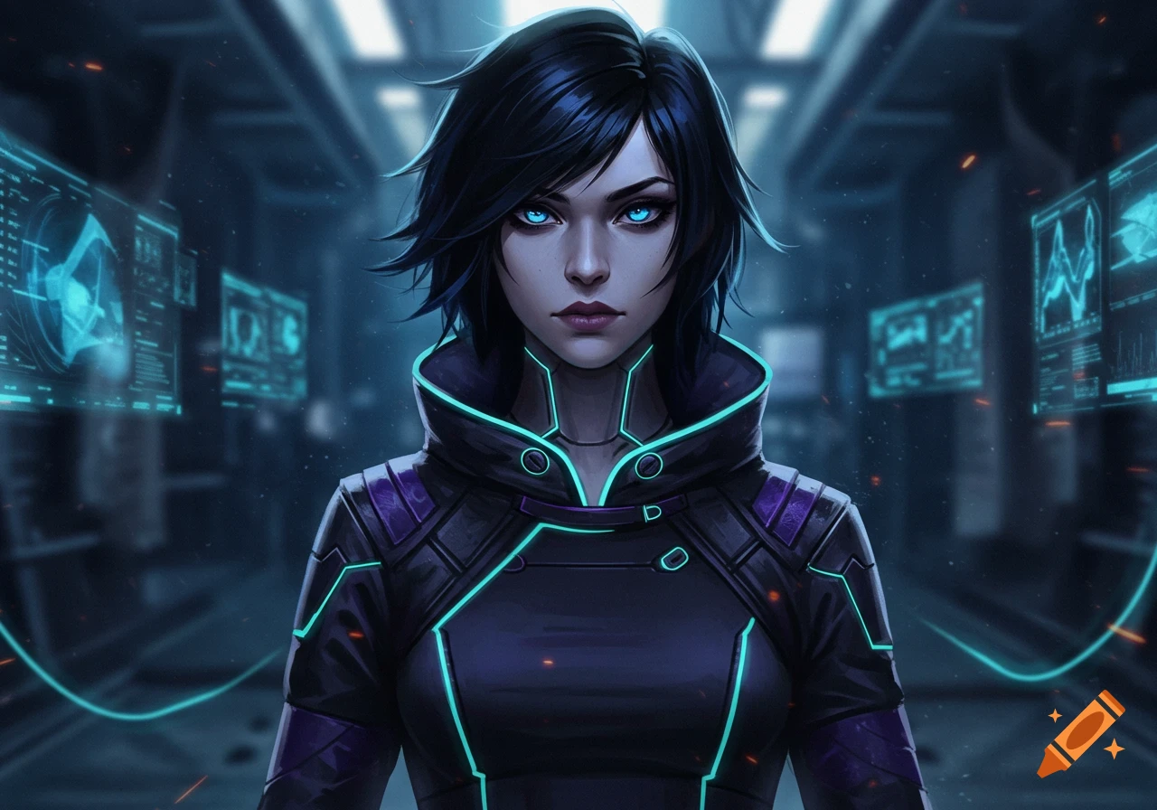 A futuristic woman with glowing blue eyes and dark hair, wearing a black and purple jacket with neon blue accents, standing in a dark, tech-filled environment.