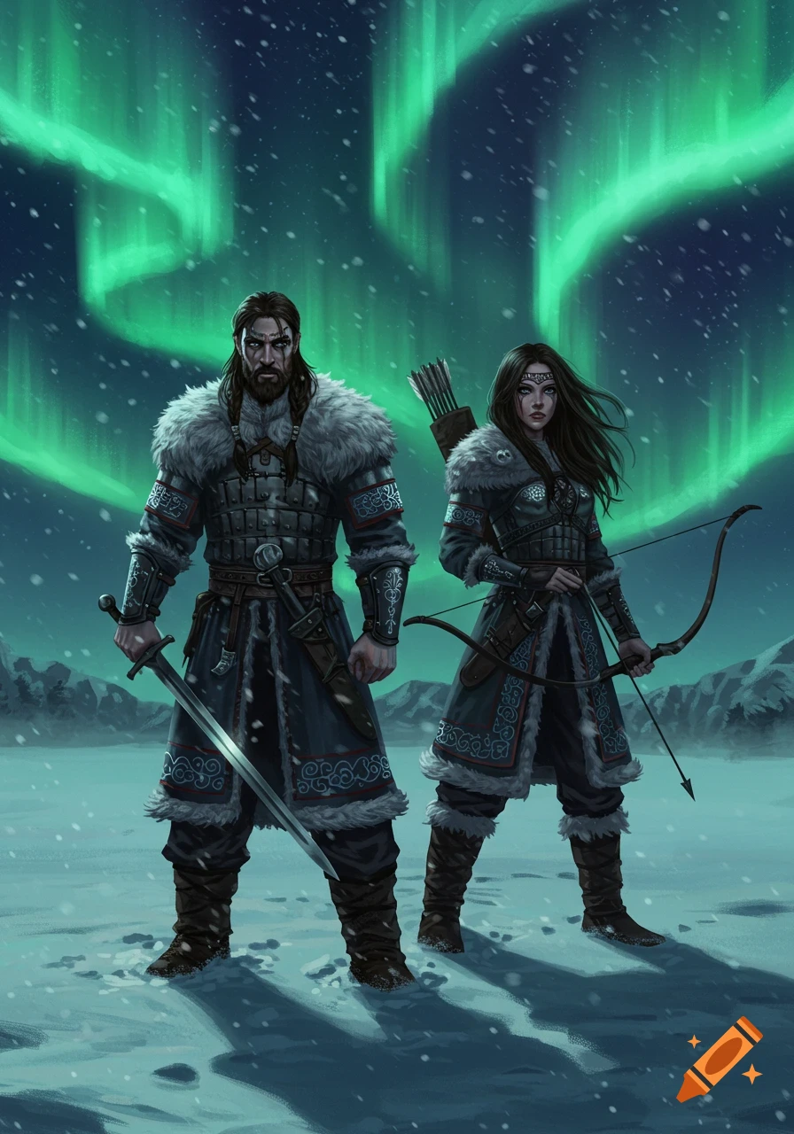 Two warriors in fur-trimmed armor stand in a snowy landscape under a vibrant green aurora borealis. The man holds a sword, the woman holds a bow.