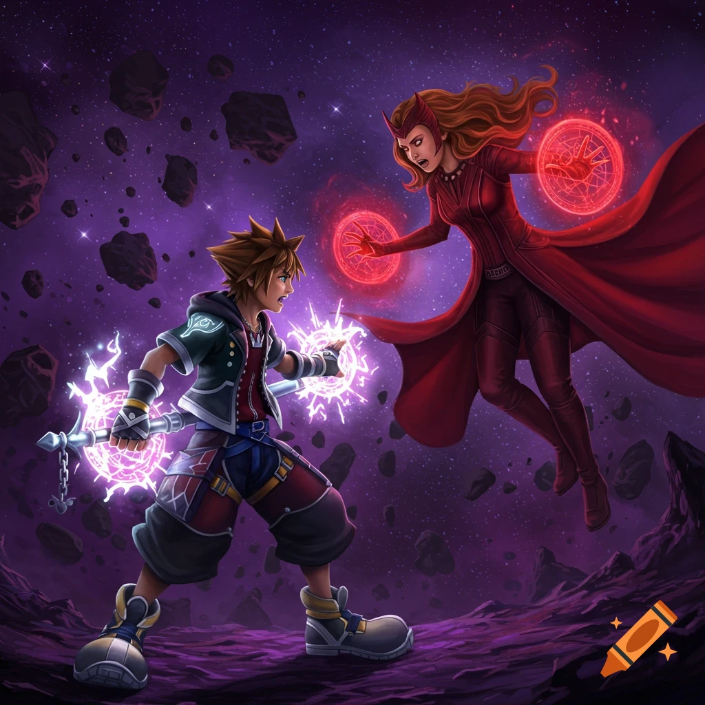 Sora from Kingdom Hearts and Scarlet Witch from Marvel battle with magic in a purple, asteroid-filled cosmic landscape.