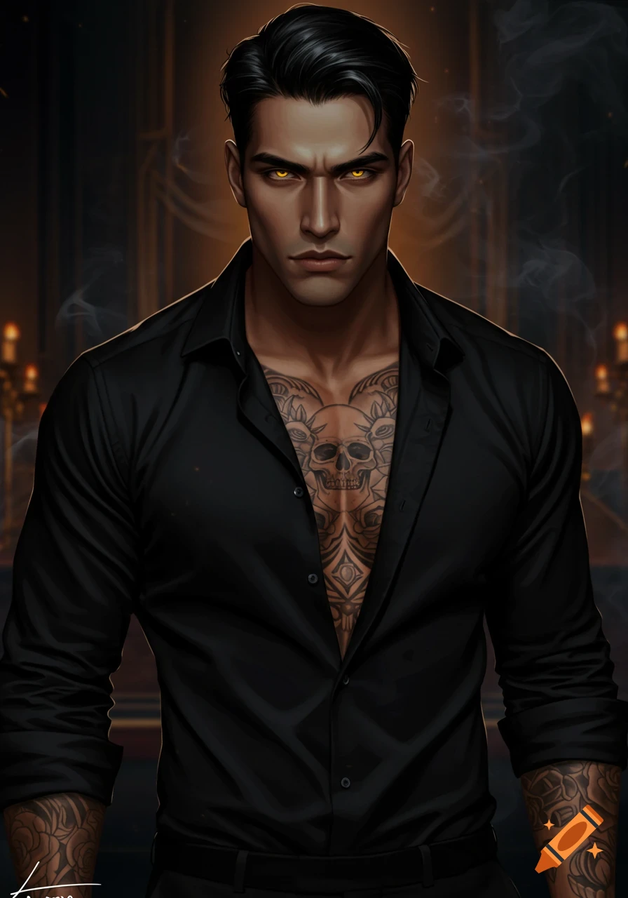 A handsome man with dark hair, glowing gold eyes, and an open black shirt revealing a skull and rose chest tattoo, against a dark, dramatic background.