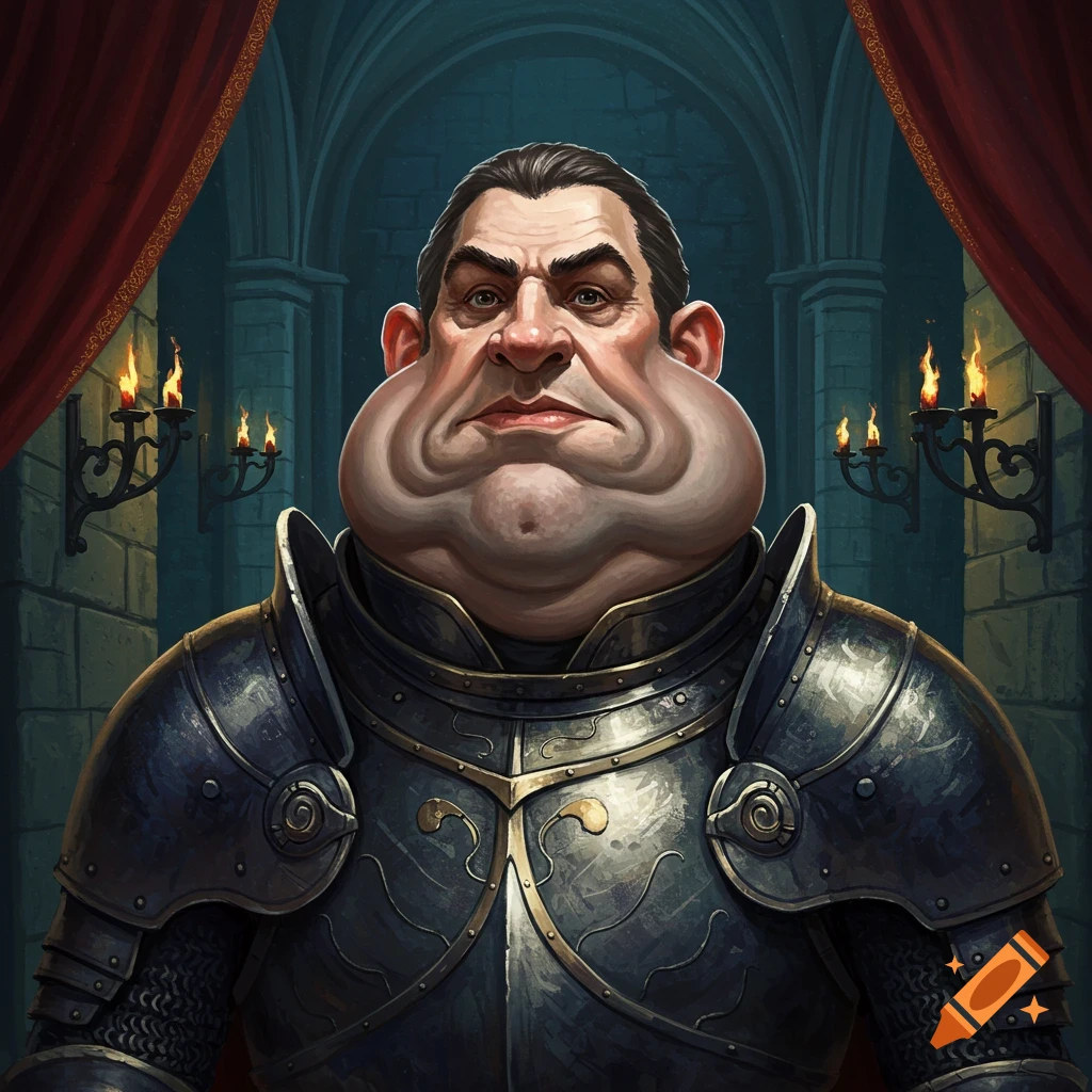 Caricature of a stern man with a large chin wearing dark medieval armor in a castle.