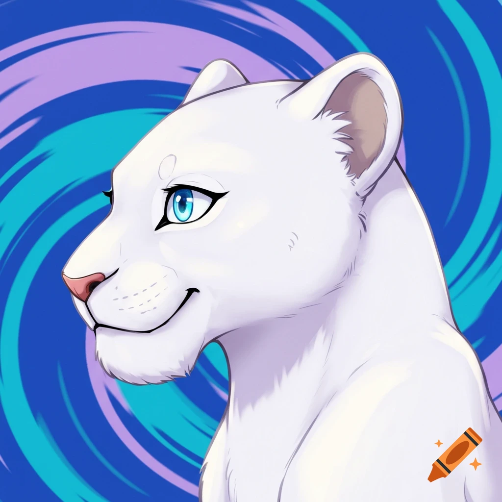 Stylized profile of a white lioness with striking blue eyes against a vibrant blue and purple swirling background.