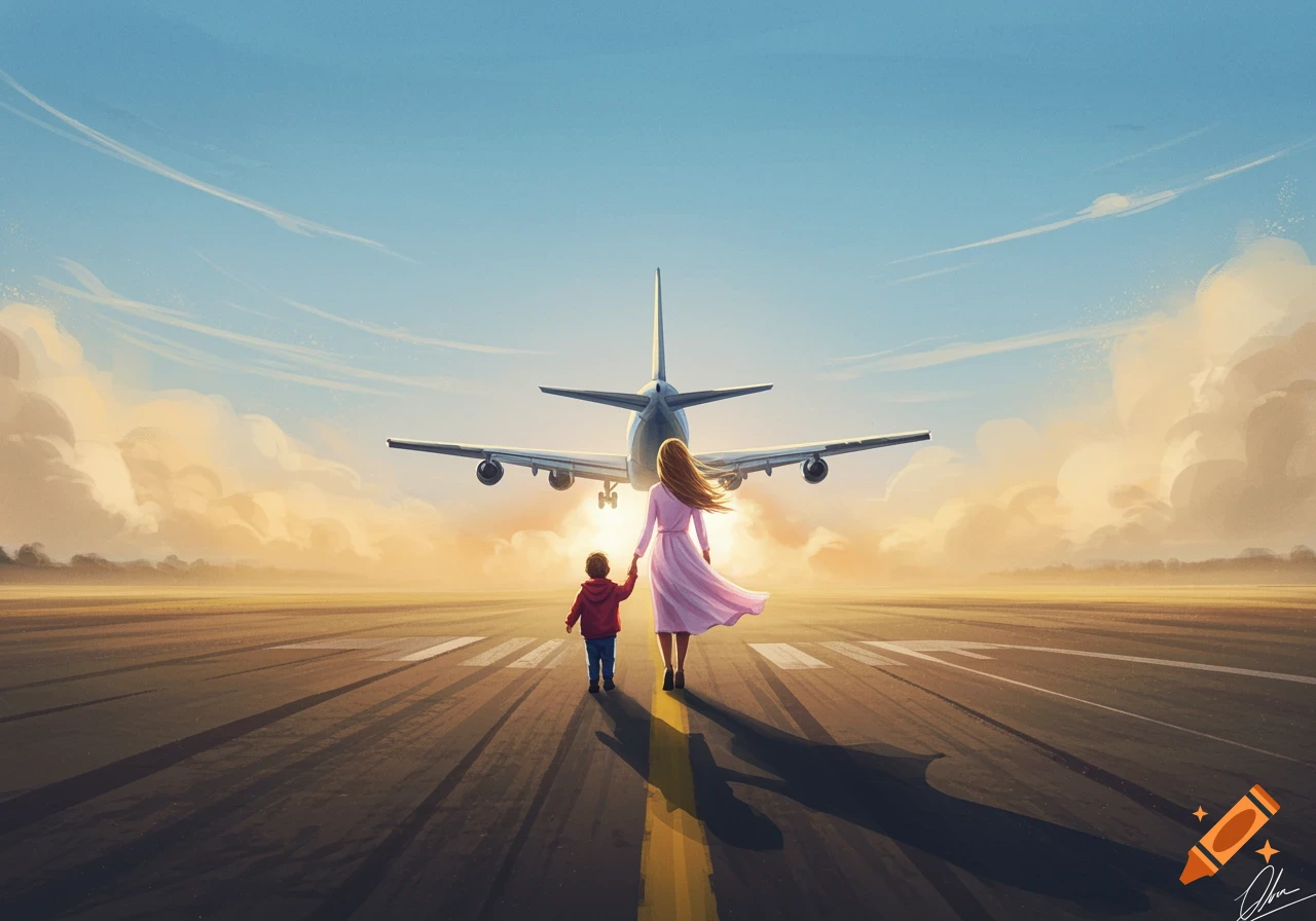 Digital illustration of a mother and child holding hands, facing a large airplane on a runway at sunrise.
