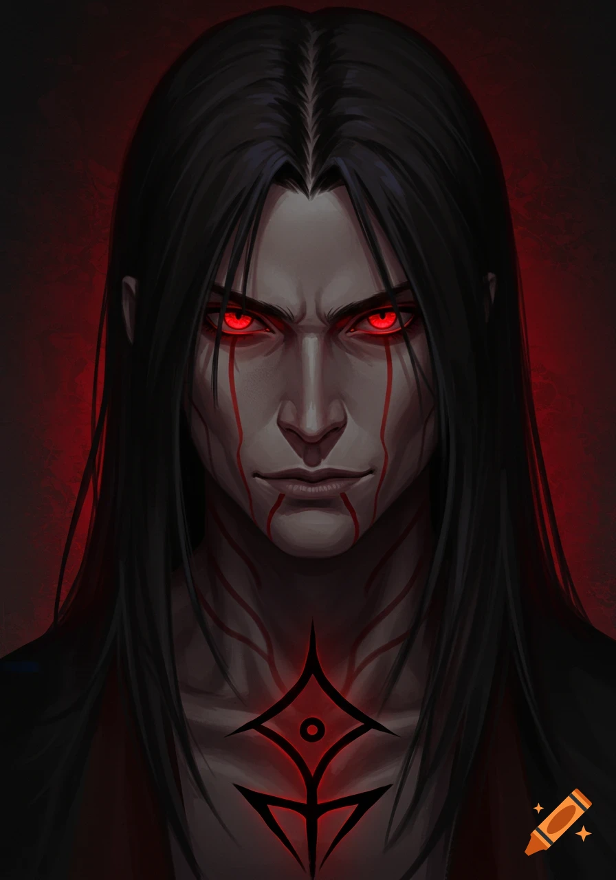 A dark-haired man with glowing red eyes, red markings on his face and neck, and a black symbol on his chest, in a digital art portrait.
