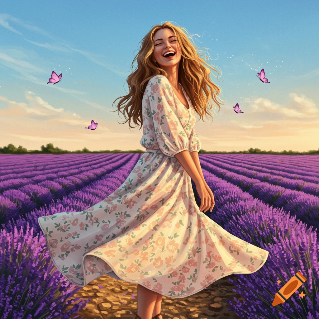 A smiling woman with flowing hair, wearing a floral dress, stands in a vibrant lavender field with butterflies, in a digital art style.