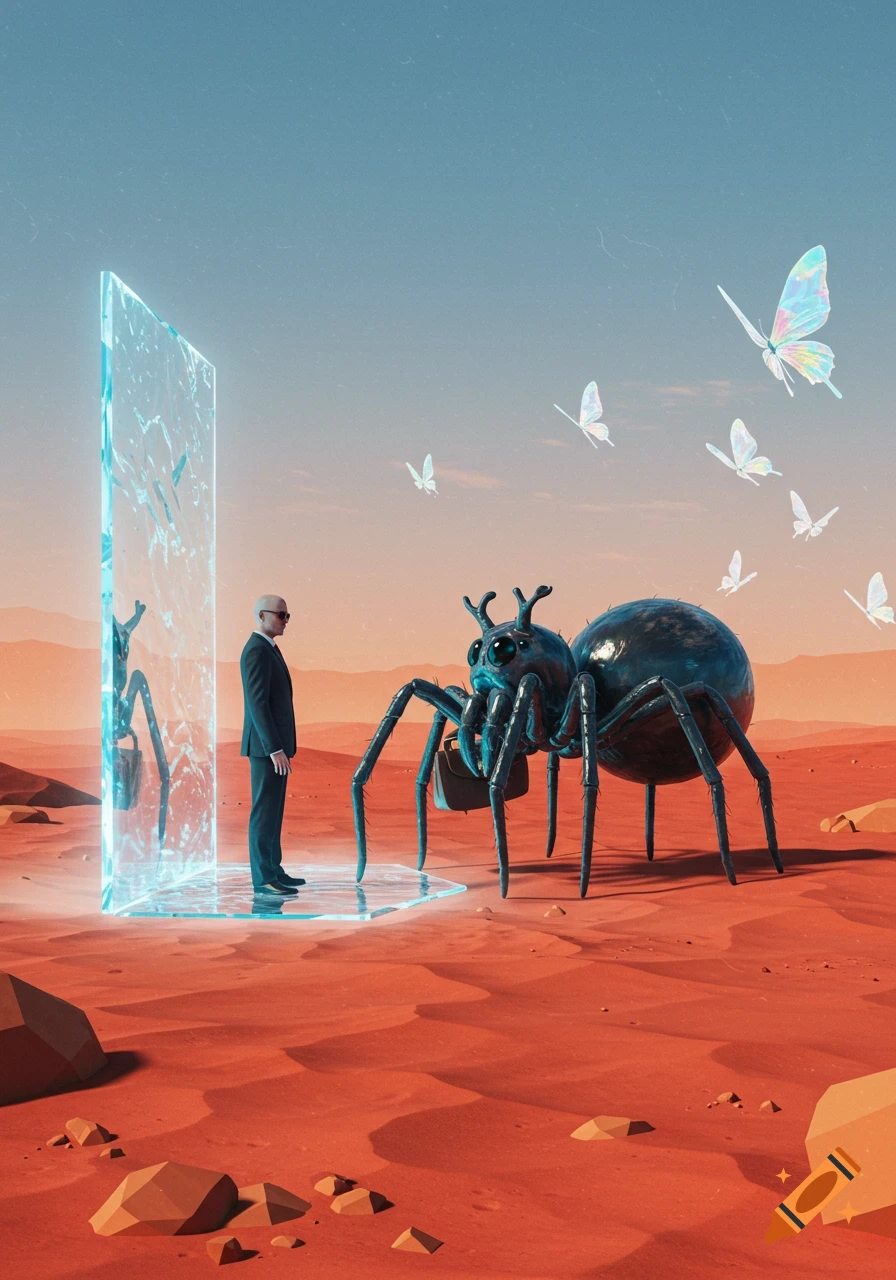 A man in a suit stands by a glowing blue portal, facing a giant spider holding a briefcase in a red desert, with butterflies flying overhead.