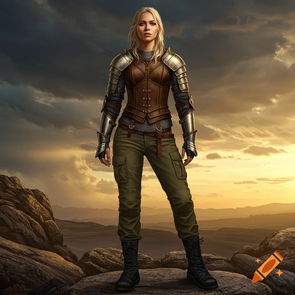 A blonde woman in a brown leather cuirass, metal shoulder armor, cargo pants, and black boots stands on a rocky hill at sunset.