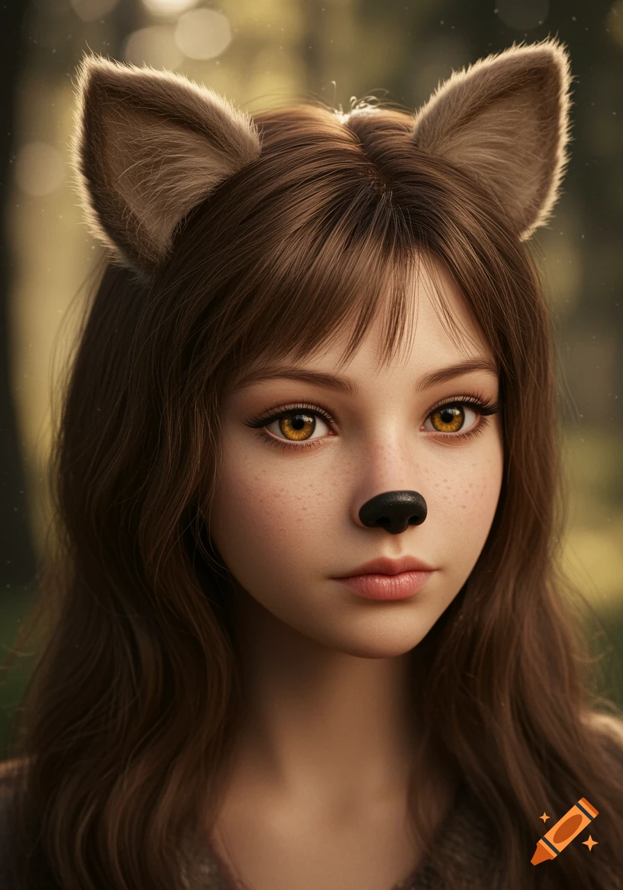 Close-up portrait of a young girl with brown hair, bear-like ears, a black nose, and golden eyes, in a soft, realistic style.