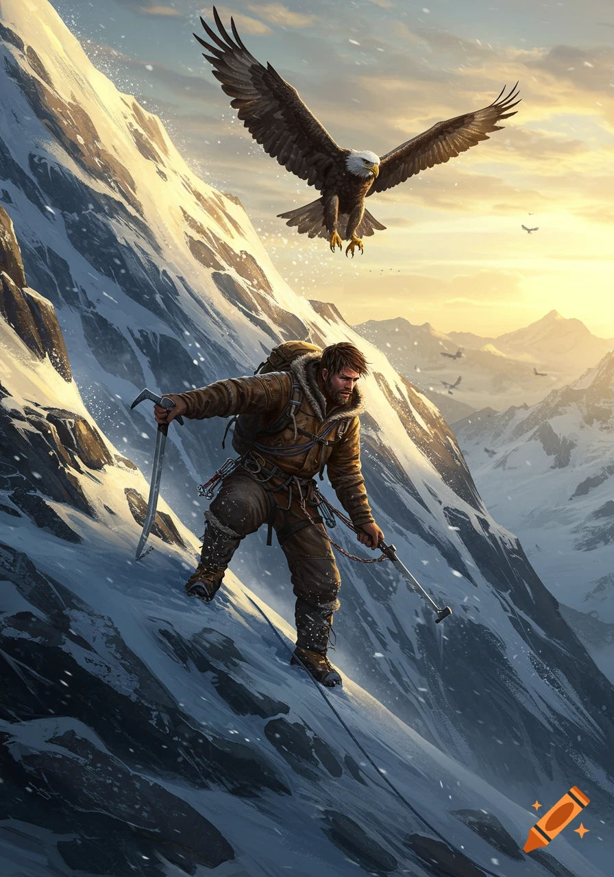 A man with an ice axe climbs a snowy mountain peak as a bald eagle soars nearby, against a golden sky.