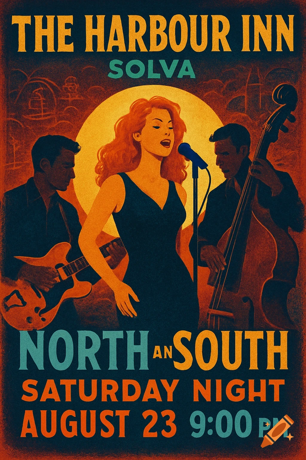 Vintage style poster of a female singer with a guitarist and double bassist, promoting 'The Harbour Inn' and 'North an South' band.