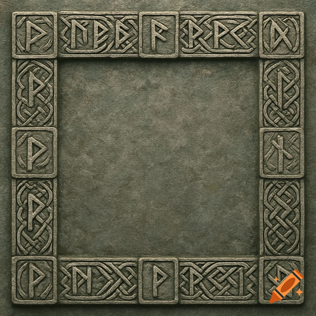 A square stone border featuring carved Viking runes and intricate Celtic knotwork patterns on a textured stone background.