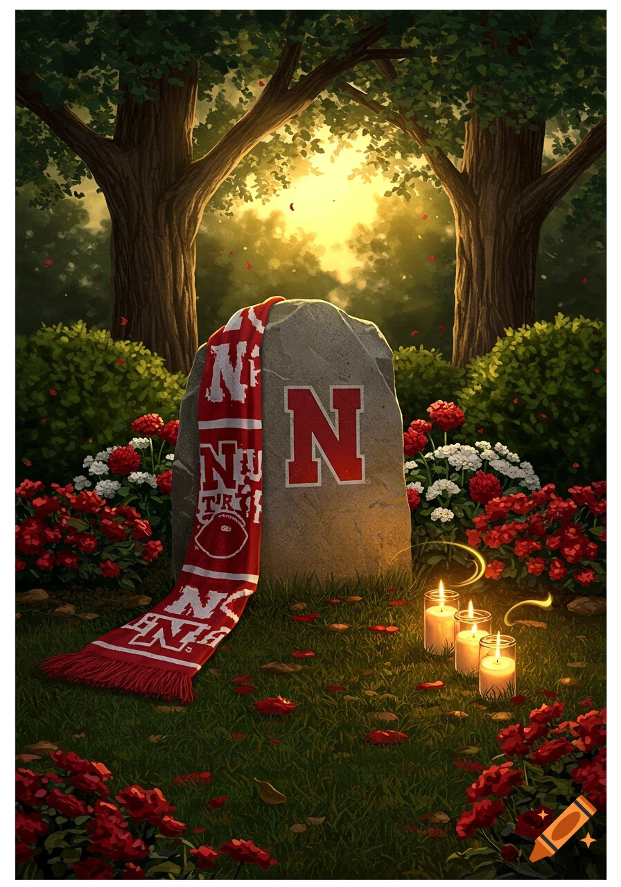 A painterly illustration of a memorial stone with a red 'N' and a red and white Nebraska Cornhuskers scarf draped over it. Lit candles sit in front of the stone amidst red and white flowers and green grass, with sunlight filtering through trees.