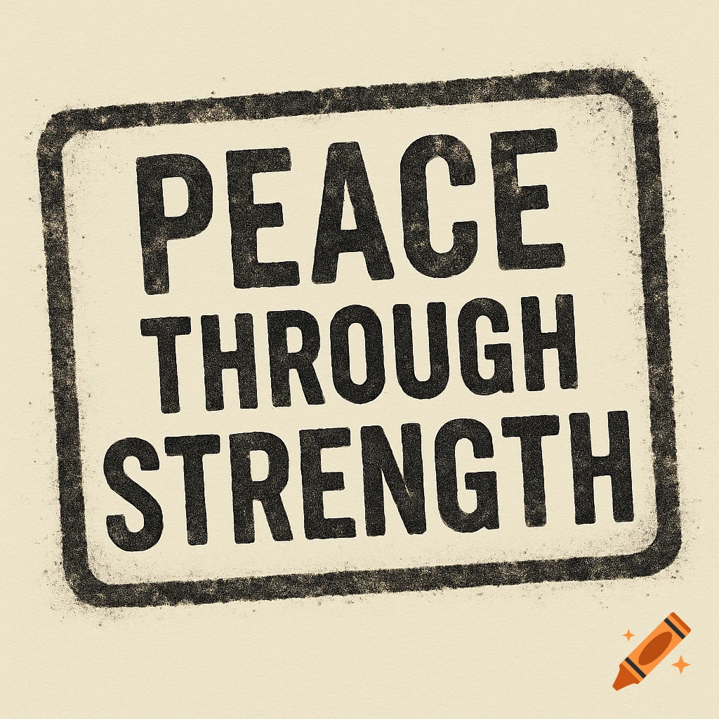 Distressed black rectangular stamp graphic with the bold text 'PEACE THROUGH STRENGTH' on a light background.