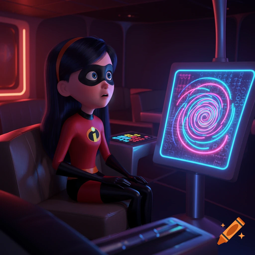 Violet from The Incredibles in her red superhero suit sits in a dark control room, mesmerized by a neon pink and blue swirling pattern on a screen.