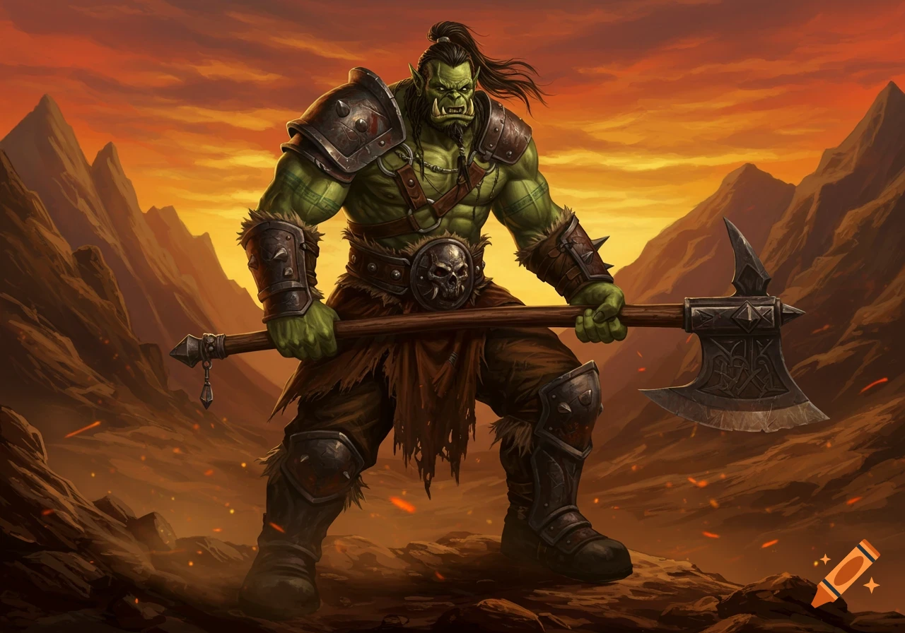 Muscular green orc barbarian with a topknot holds a large double-bladed axe in a desolate, mountainous landscape at sunset.