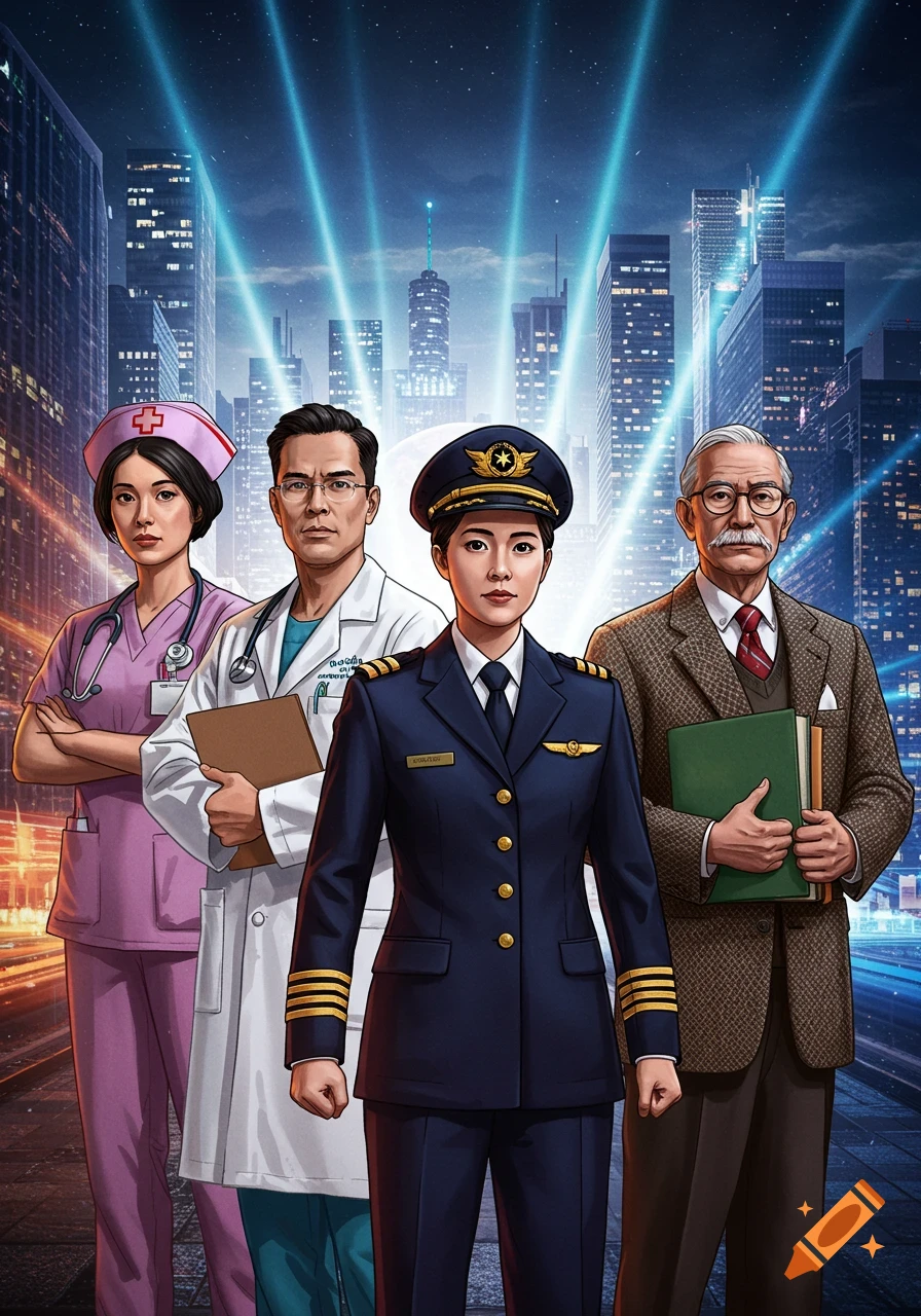 Illustration of a nurse, doctor, pilot, and professor standing in front of a futuristic city with glowing blue light beams.
