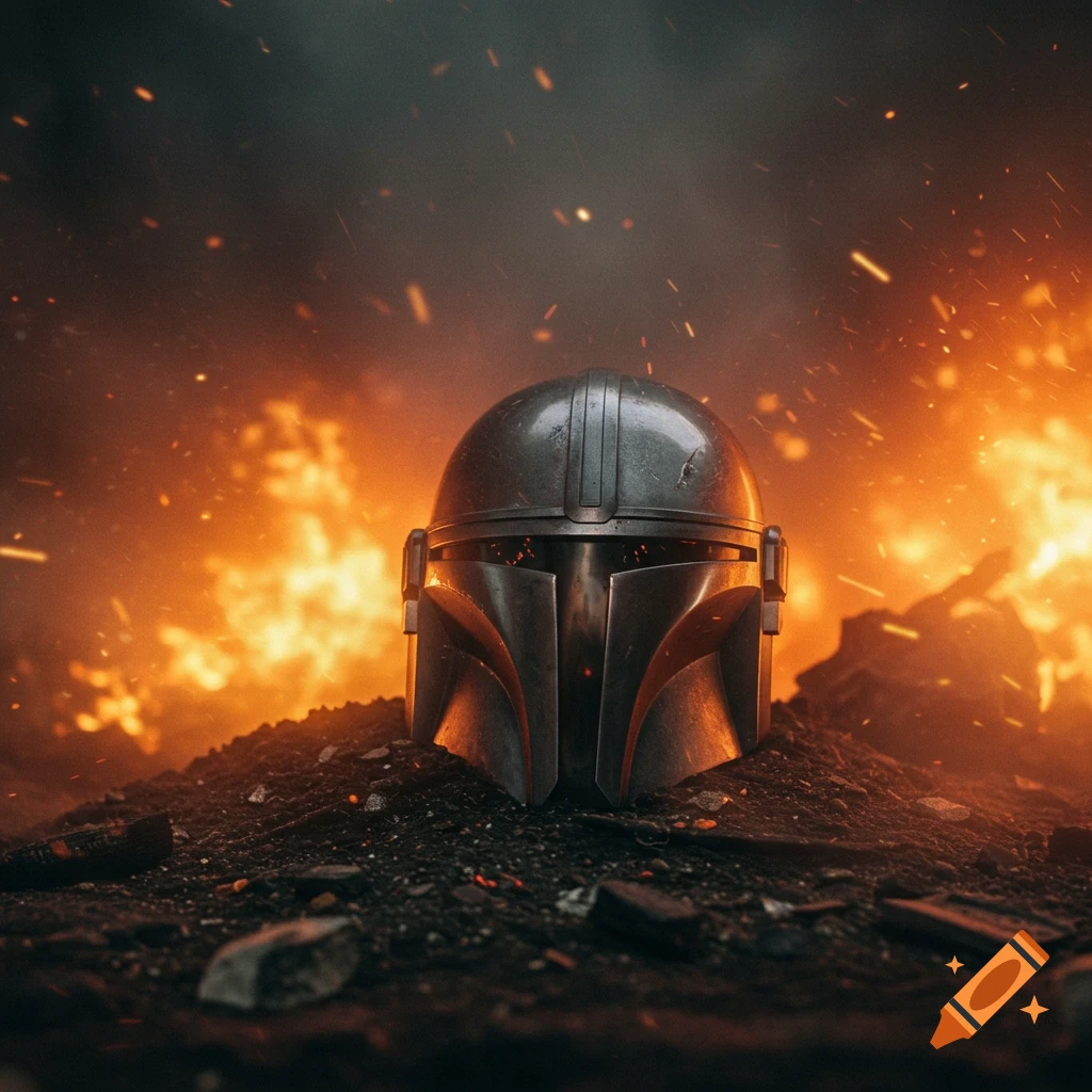 A Mandalorian helmet rests on dark debris with intense orange and yellow flames and smoke in the background.