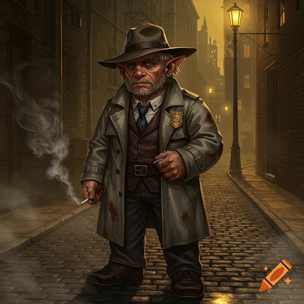 A gruff halfling detective in a trench coat and fedora smokes a cigarette in a dark, gritty city alley.