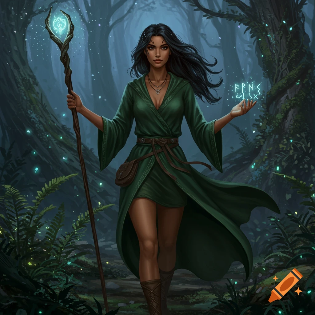 A dark-haired sorceress in a green robe stands in a forest, holding a glowing staff and conjuring runes.