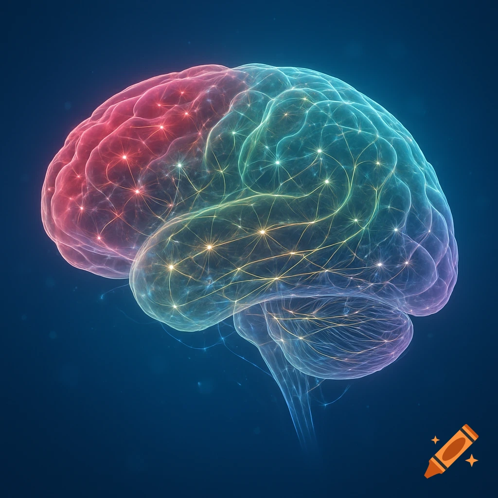 A vibrant, glowing diagram of a human brain with interconnected neural pathways in red, green, and blue on a dark background.