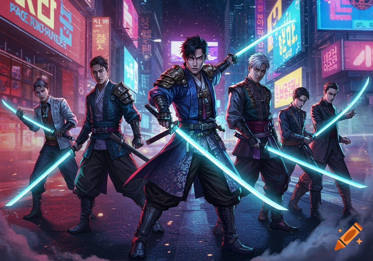 A group of six Kpop-inspired male demon hunters in a futuristic neon city, holding glowing blue swords.