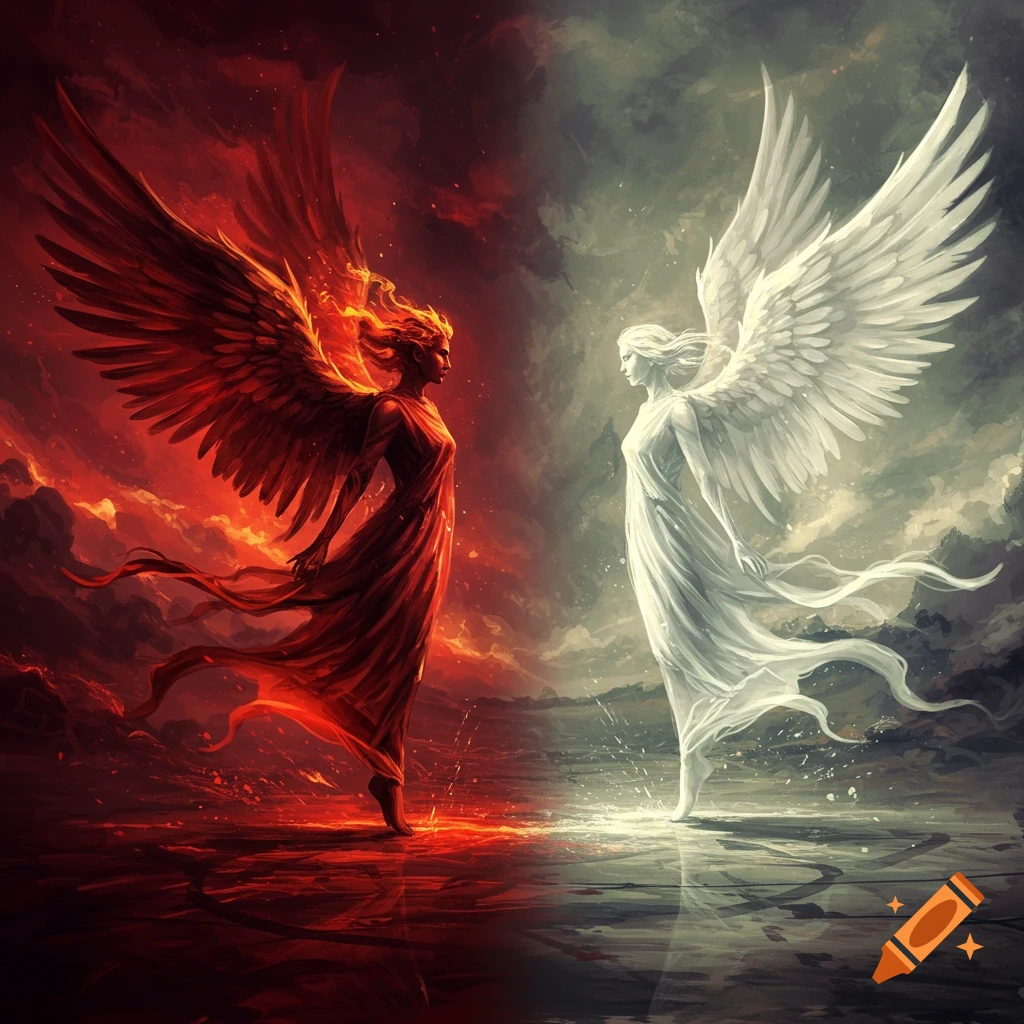 A digitally painted scene showing two winged figures, one red and fiery, the other white and luminous, facing each other on a reflective surface.