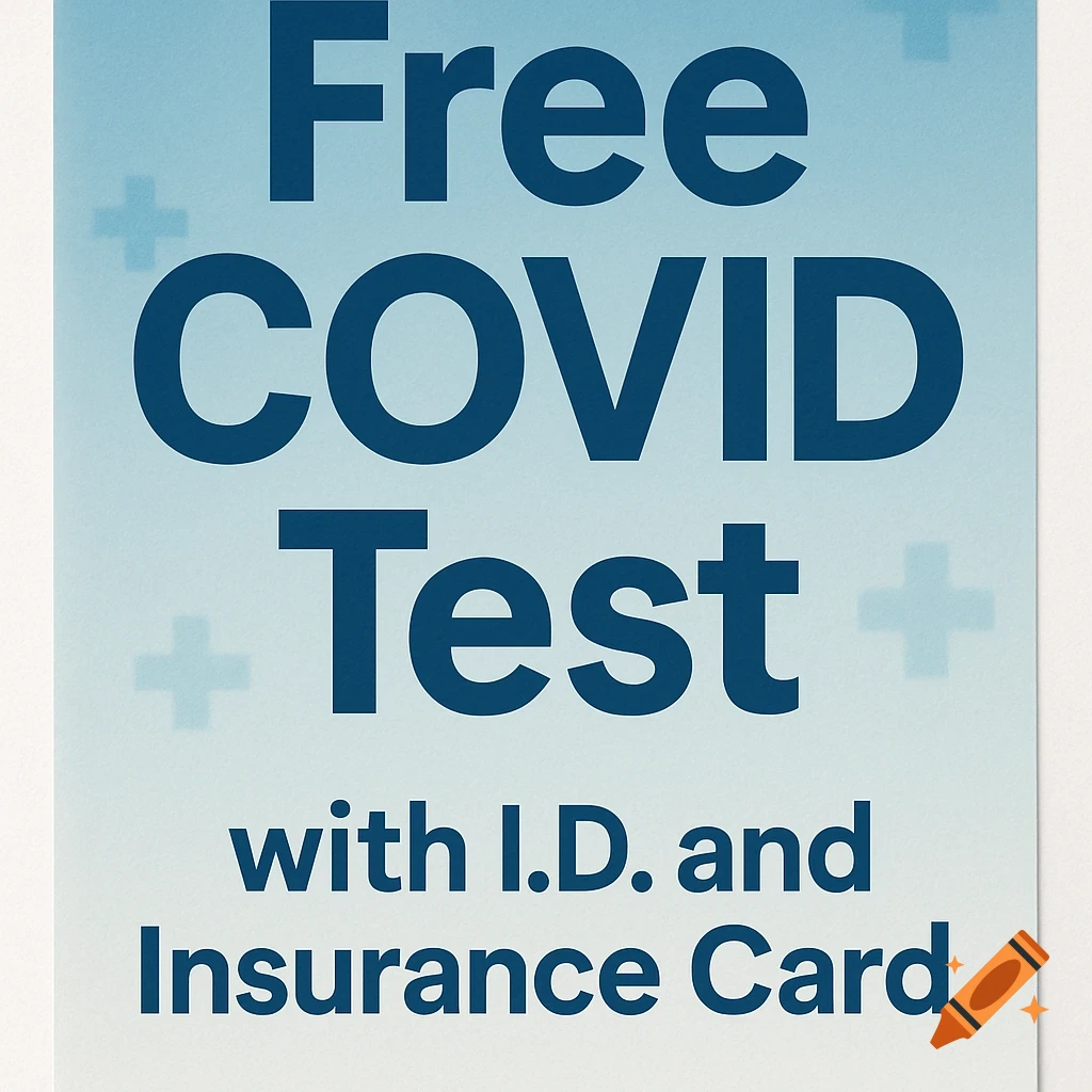 A blue and white flyer advertising a 'Free COVID Test with I.D. and Insurance Card'.