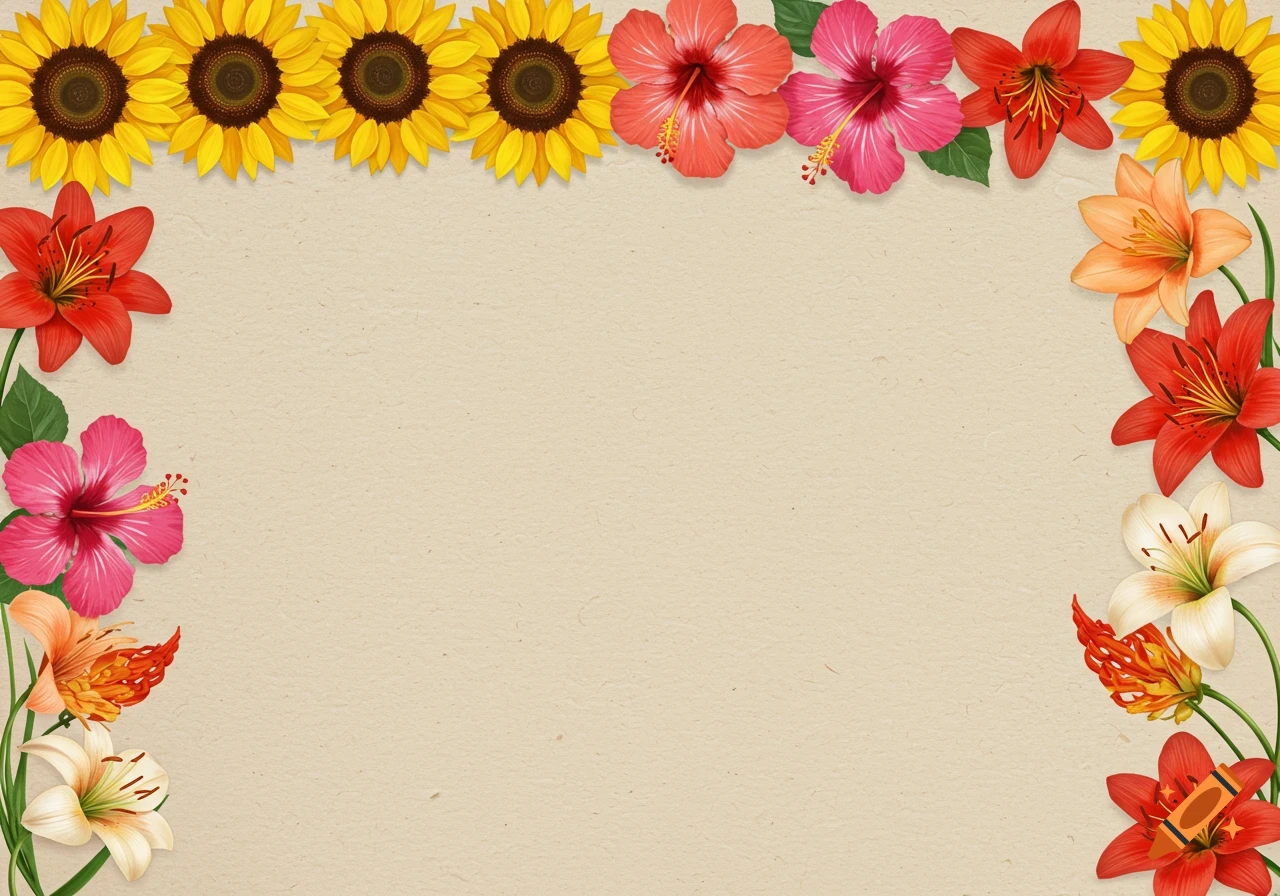 A colorful floral border featuring sunflowers, hibiscus, lilies, and fire lilies on a textured beige background.