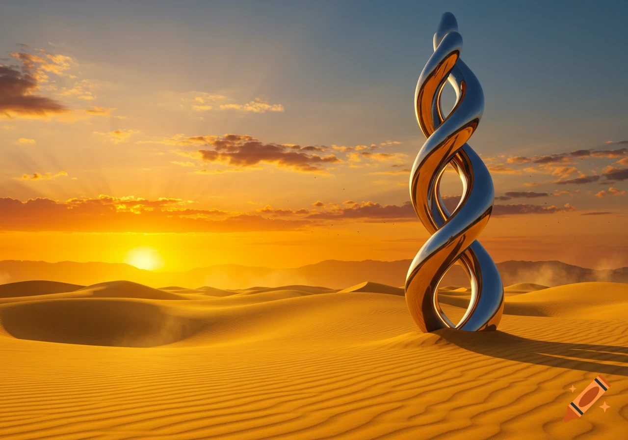 A gleaming, twisted metallic sculpture stands in a vast, rippling desert landscape under a vibrant orange and blue sunset.
