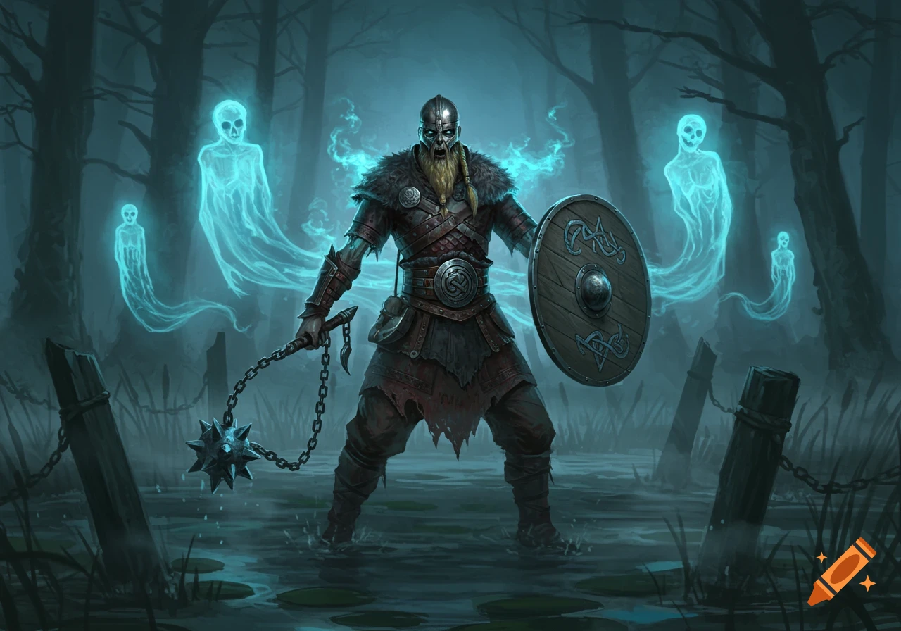 Undead Viking warrior with skeleton showing, holding a flail and shield, surrounded by glowing blue ghosts in a dark swamp.