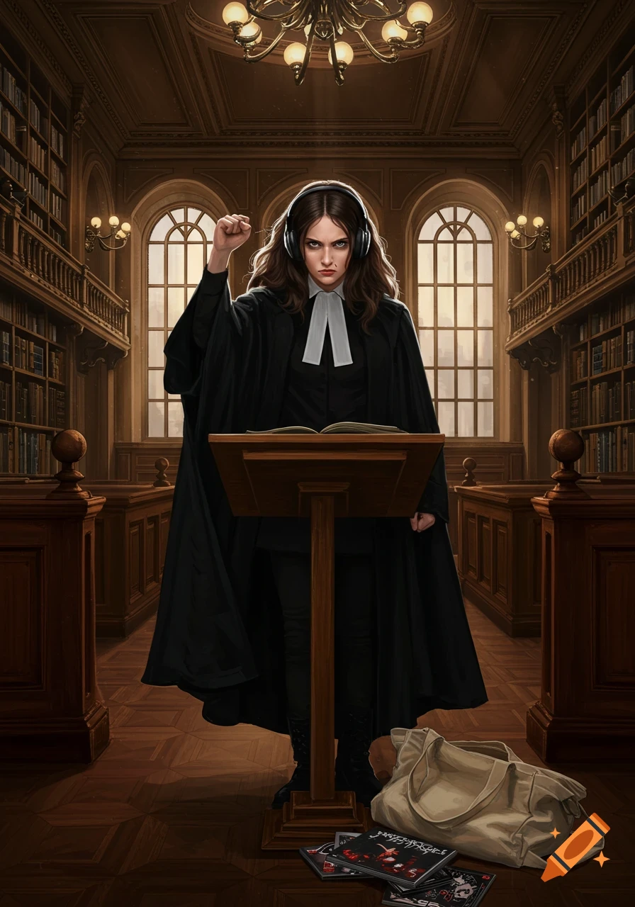 A fierce woman in a black legal robe and headphones raises a fist at a podium in an ornate library or courtroom, with music CDs on the floor.