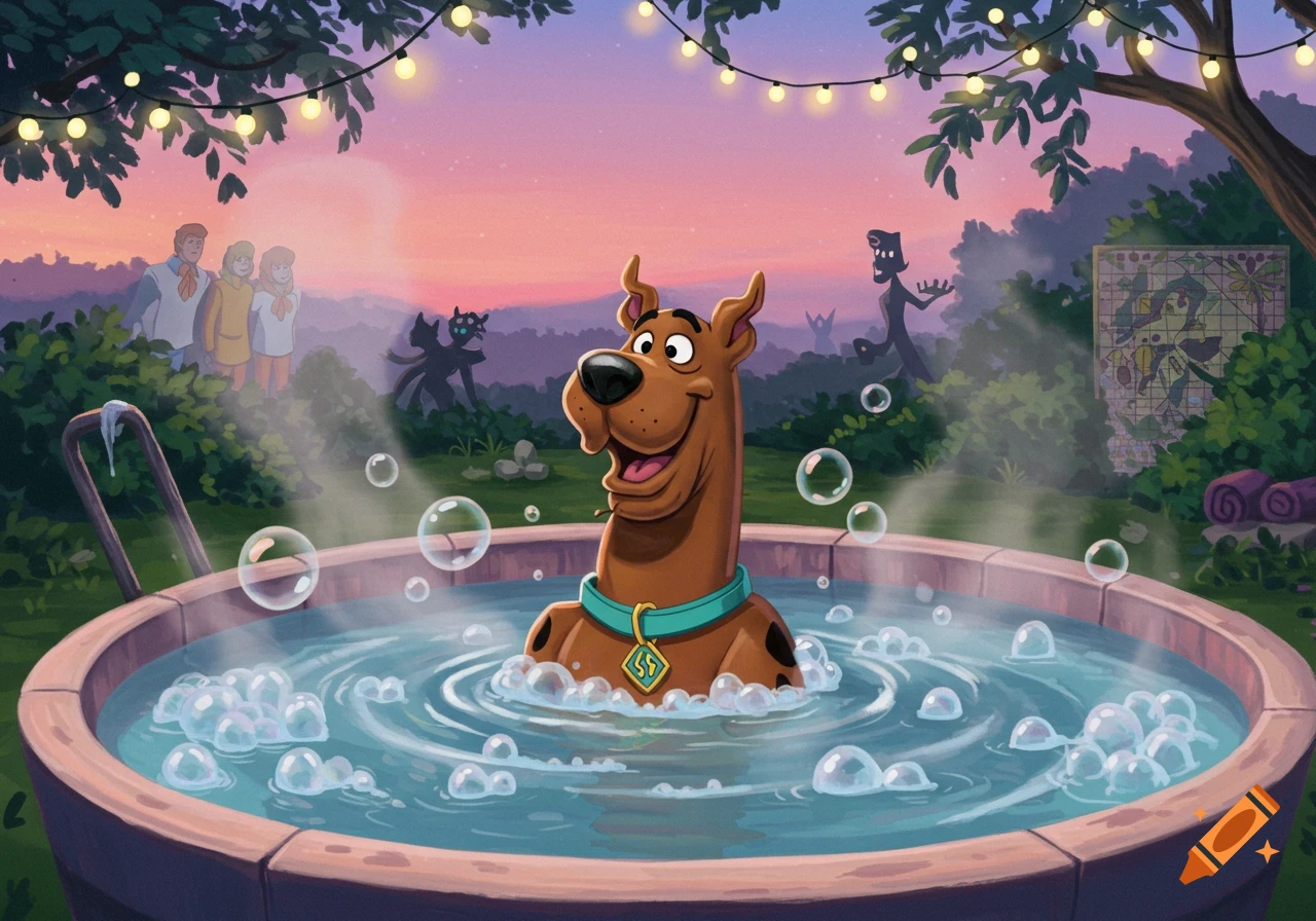 A cartoon image of Scooby Doo in a hot tub at sunset, with string lights and other characters in the background.