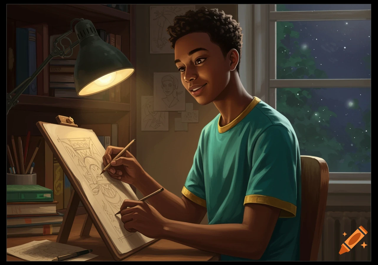 A smiling young Black boy drawing at a desk with an easel under a desk lamp at night.