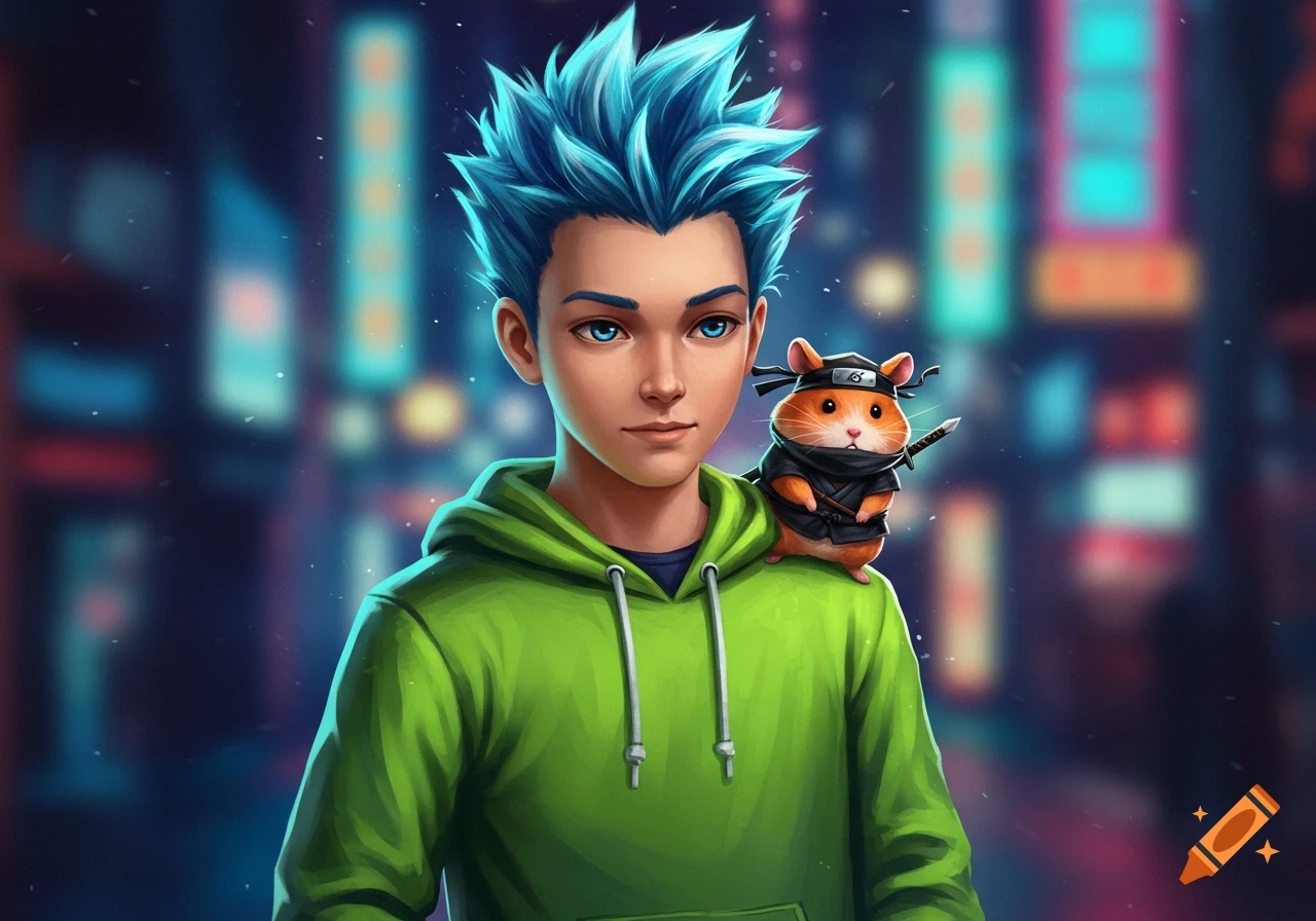 An anime-style teenage boy with spiky blue hair and a lime green hoodie, with a ninja hamster on his shoulder, against a blurry city night background.