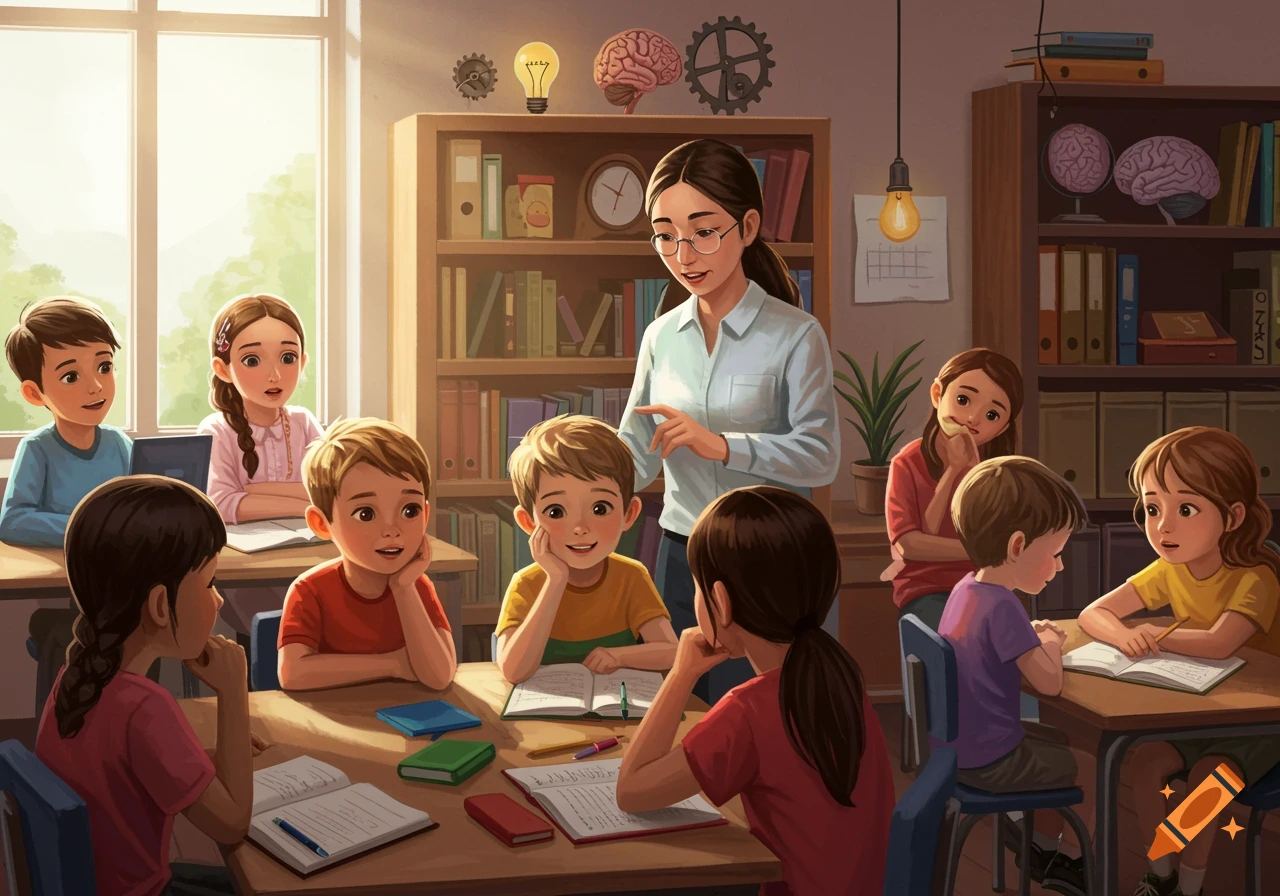 A detailed illustration of a teacher instructing a diverse group of children in a bright classroom with bookshelves.