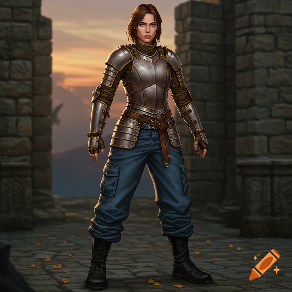 A detailed illustration of a woman wearing medieval plate armor over blue cargo pants and black boots, standing in a stone archway at sunset.