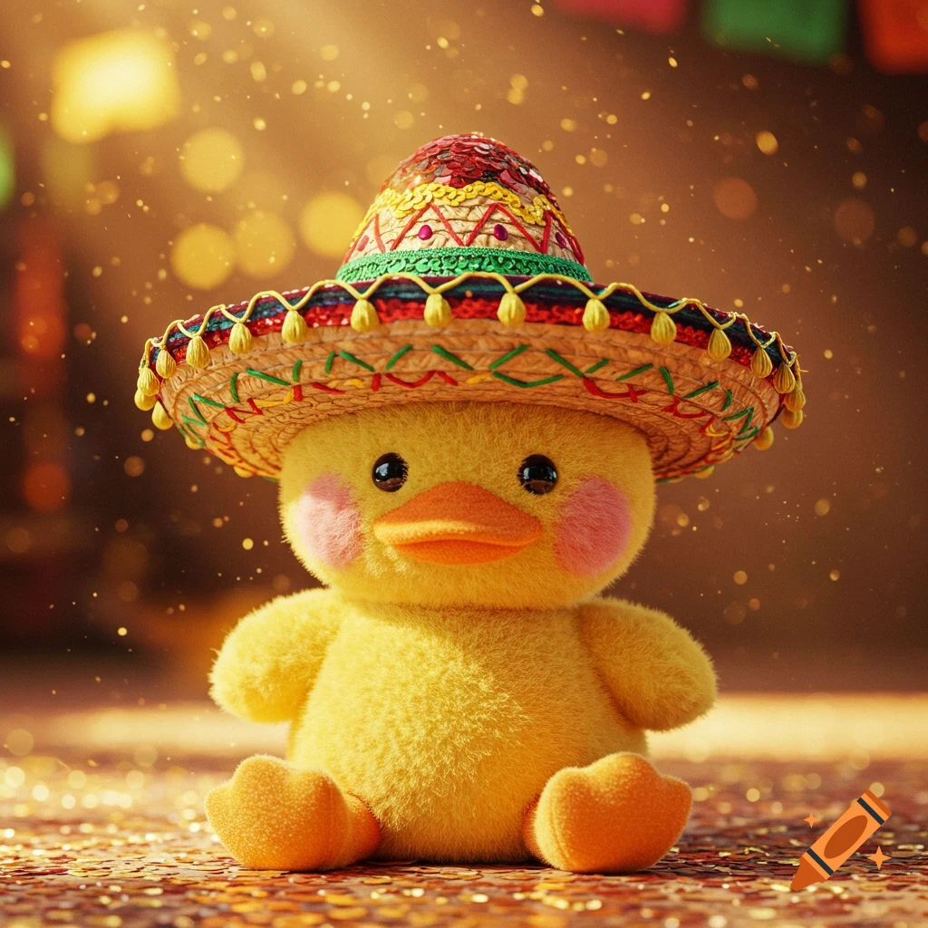 A fluffy yellow plush duck wearing a colorful Mexican sombrero, sitting on a sparkling surface.
