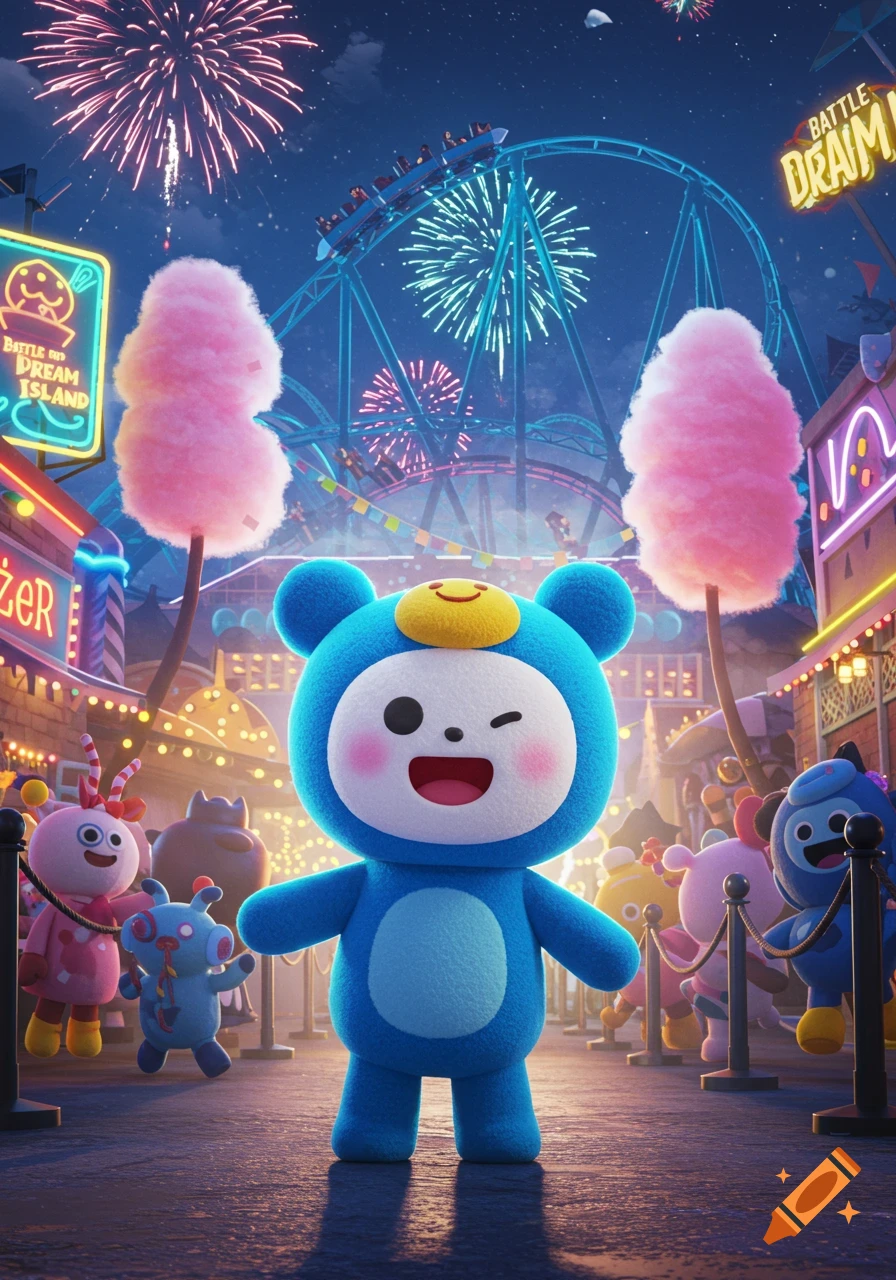 A cute blue, plush-like cartoon character with a winking eye stands smiling in the foreground of a vibrant, nighttime amusement park scene with fireworks, roller coasters, and neon lights.