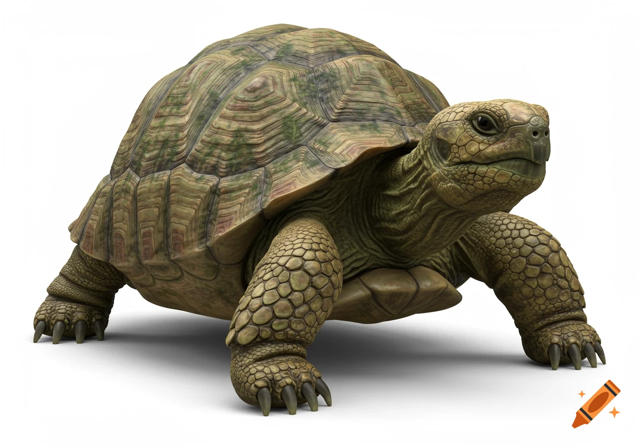 A detailed 3D rendered tortoise stands facing forward, looking slightly right on a white background.