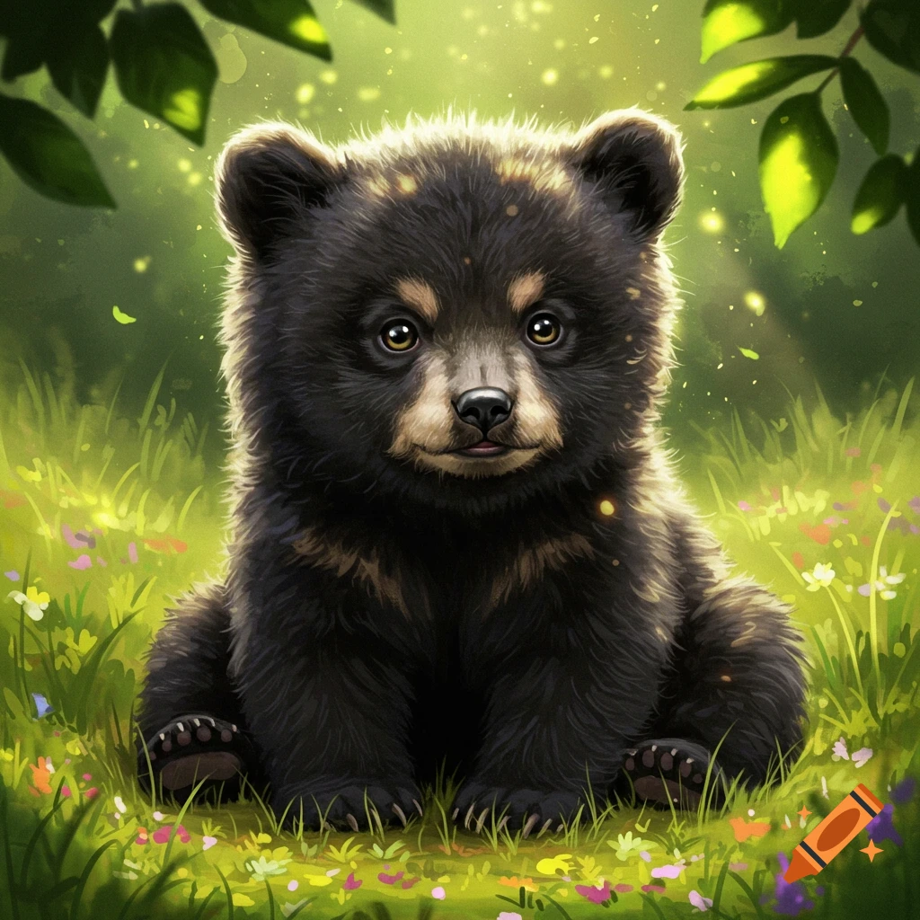 A fluffy black bear cub sits in a sunny green field with colorful wildflowers and leaves overhead, in a digital painting style.
