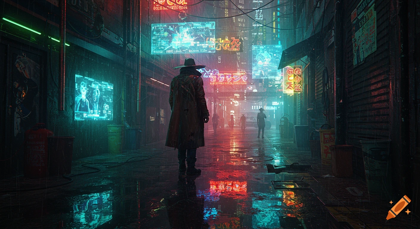 A figure in a trench coat stands in a rain-slicked, neon-lit cyberpunk alleyway, reflecting colorful signs.