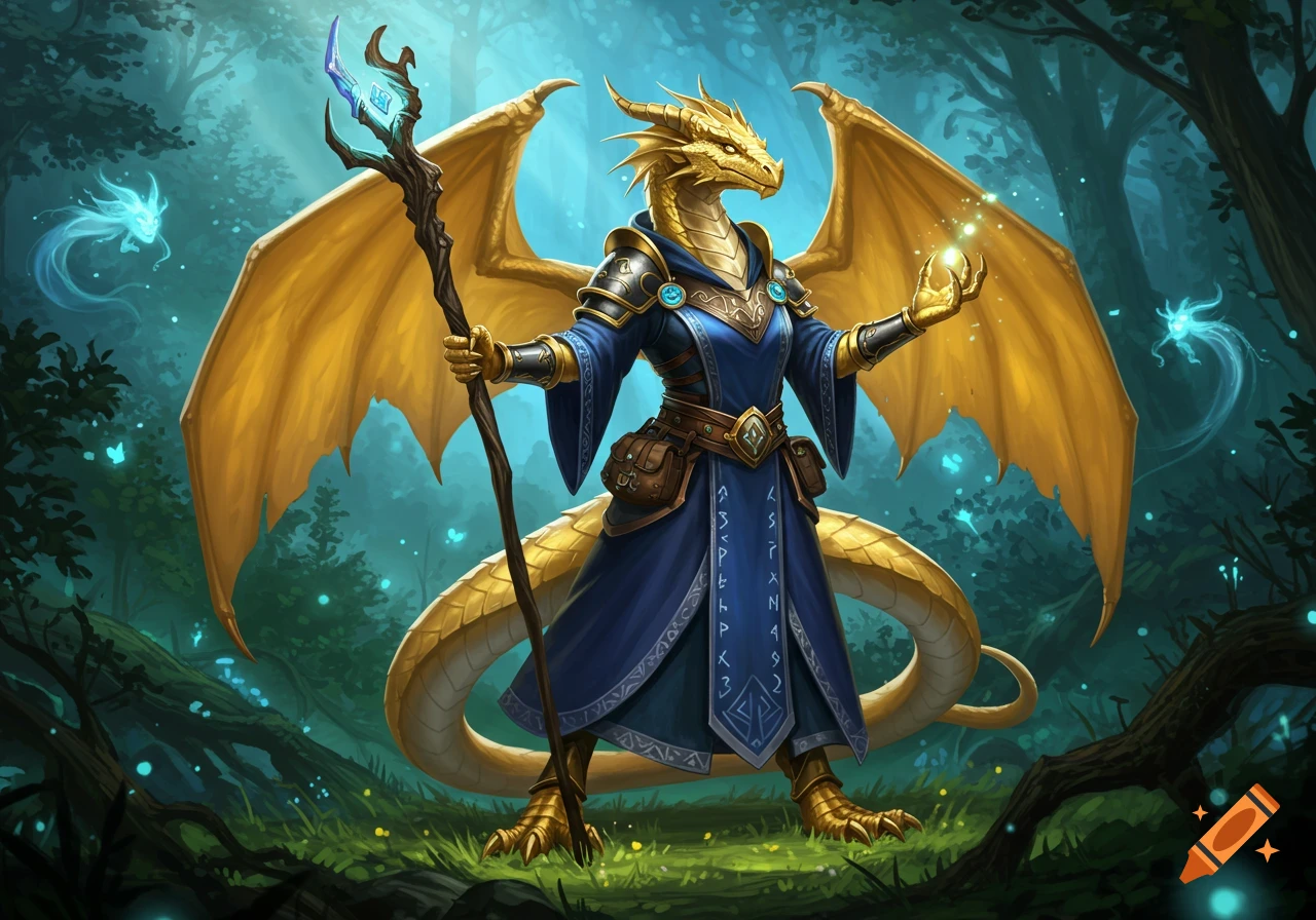 A golden dragonborn sorcerer in blue robes holds a glowing staff and magic orb in a mystical forest.