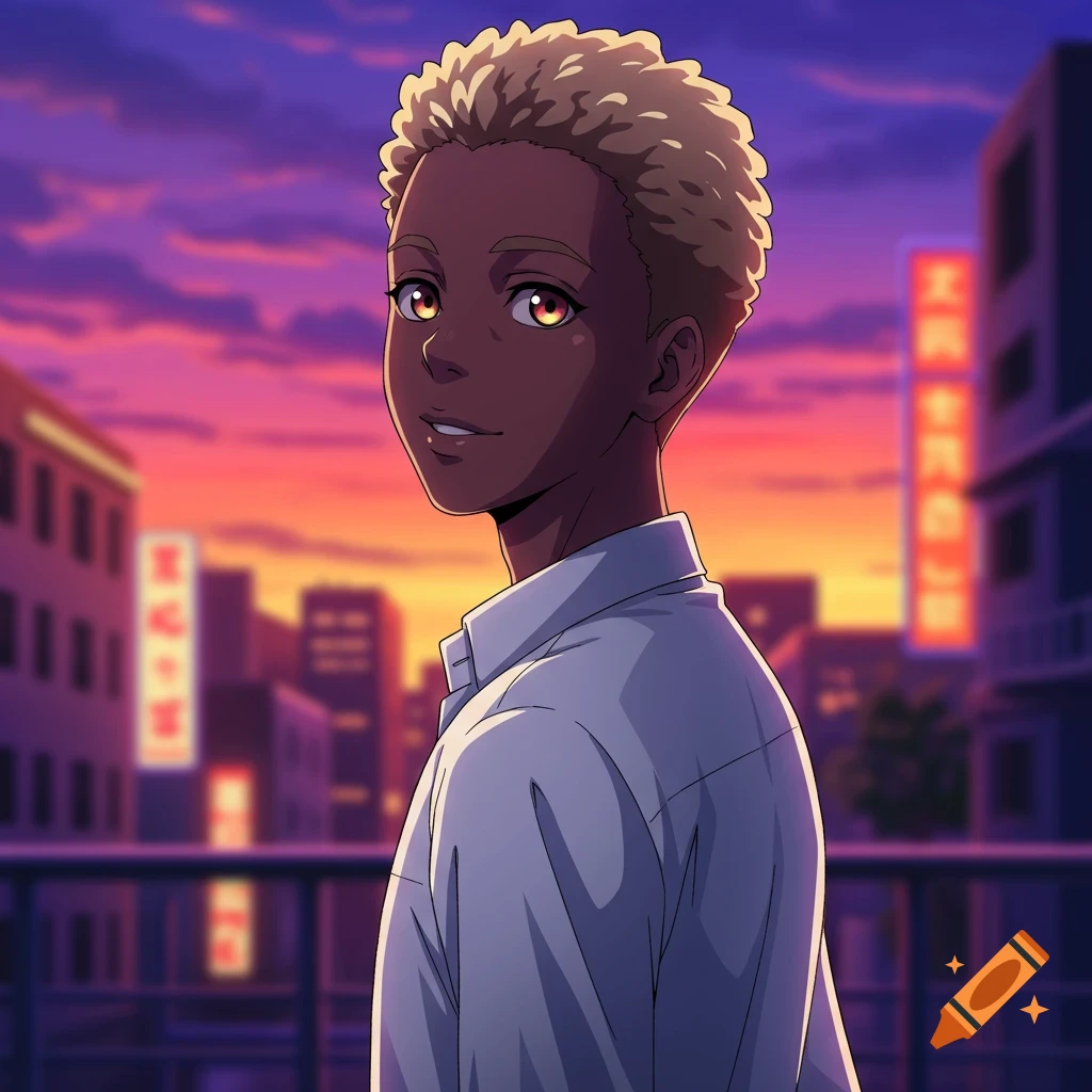 Anime portrait of a Black teen boy with pale blonde hair in a white shirt, against a city sunset.