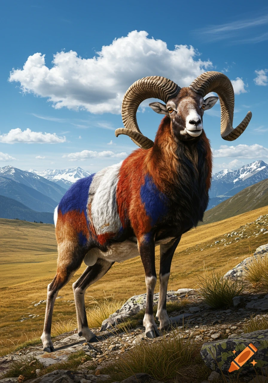 A photorealistic mouflon with a French flag pattern on its fur stands on a rocky mountain slope under a blue sky.