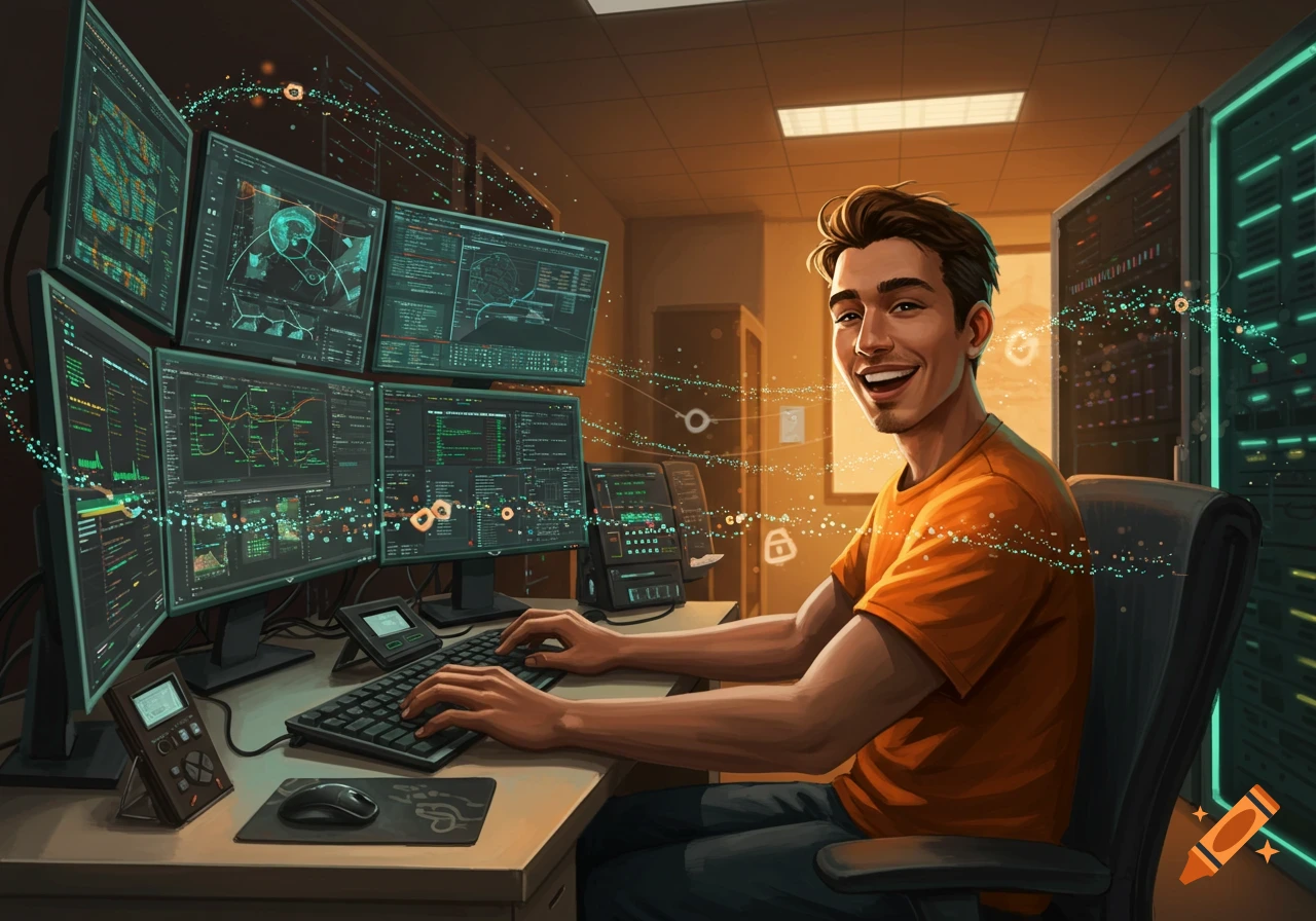 Smiling man in an orange shirt at a multi-monitor computer workstation in an office or server room, surrounded by glowing data streams.